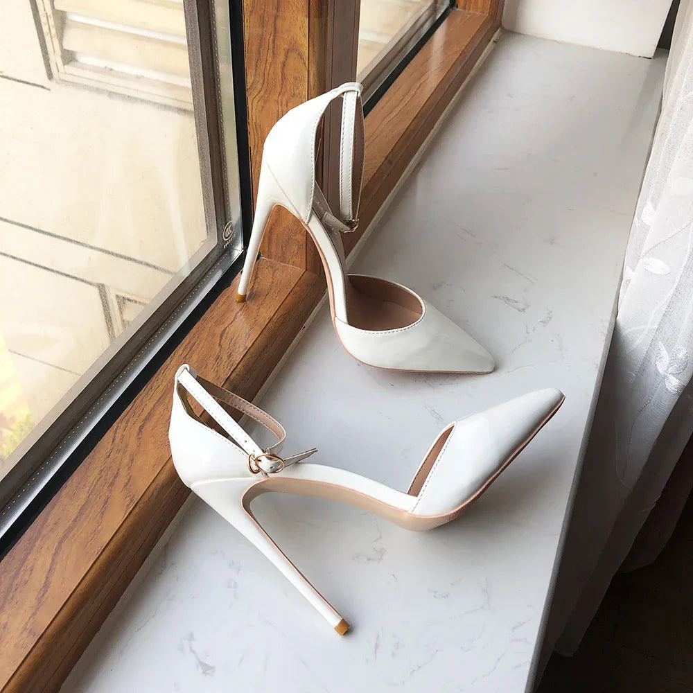 White patent women ankle strap pointy toe high heel elegant D'orsay stiletto pumps color customizable – Pollyanna Events