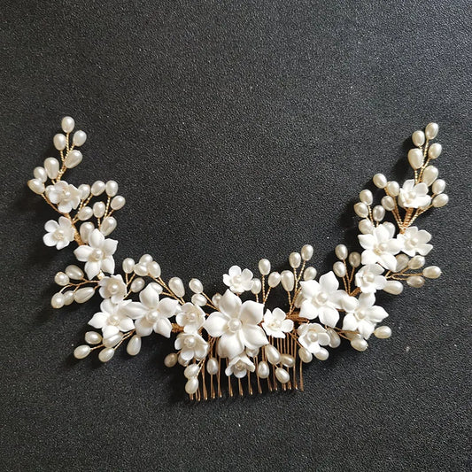 Handmade Crystal Rhinestone Pearls Ceramic Flower Bridal Hair Comb Wedding Hair Accessories Bridesmaids Women Jewelry