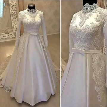 Customized Muslim Wedding dress White Lace Appliues High Neck Long Sleeve Robe De Mariage Arabic Bridal Dress Vestido De Novia
