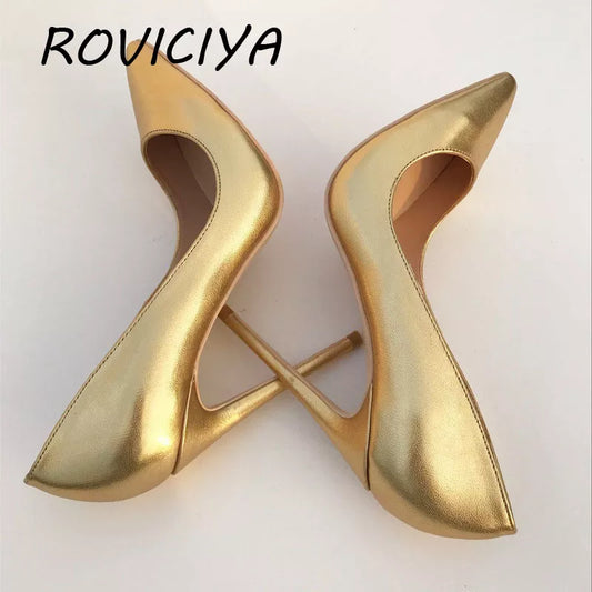 Gold Woman's Shoes Women's Pumps Pointed Toe 12cm High Heel Stiletto Classic Pumps Pumps Prom Shoes YG018 ROVICIYA