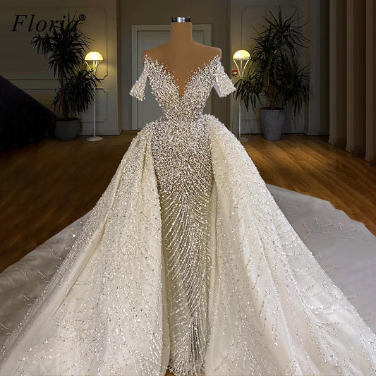 White Beading Wedding Dresses With Detachable Train Illusion Mermaid Wedding Gowns Elegant Princess Brides Dresses Custom