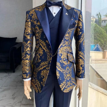 Floral Jacquard Tuxedo Suits for Men Wedding Slim Fit marineblauw en gouden herenjas met vest 3 -stuk mannelijk kostuum