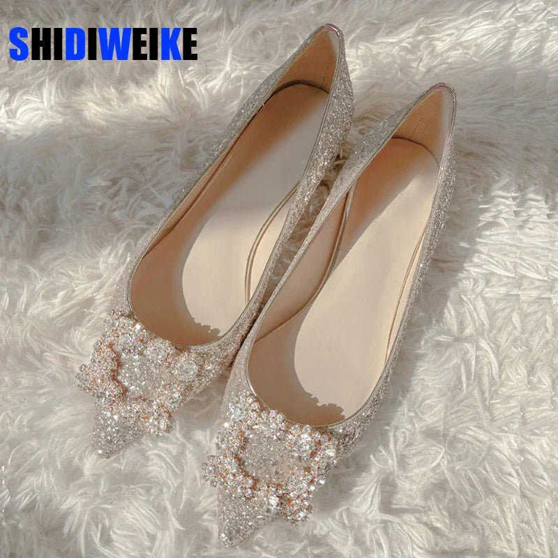 Square buckle crystal pointed toe flats glitter women wedding slip on bling loafers 33-44 – Pollyanna Events