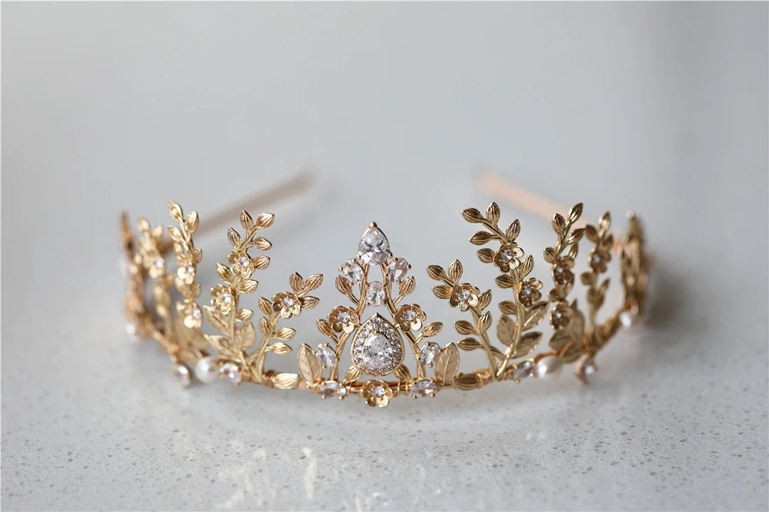 Bridal Hair Jewelry Gold Color Tiaras Flower Crowns Zircon Prom Pageant Headbands Headpiece For Brides Women Wedding Accessories