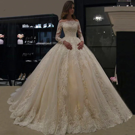 Luxury Ball Gown Lace Applique Wedding Dresses 2025 Long Sleeve Wedding Gowns robe de mariee Boat Neck Beaded свадебное платье