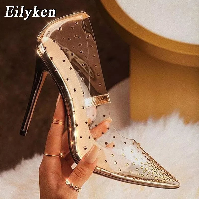 Eilyken Spring Golden Rhinestone PVC Transparent Women Bombes Tacones de altura de los pies de la fiesta del dedo del pie sexy Tamaño 41 42