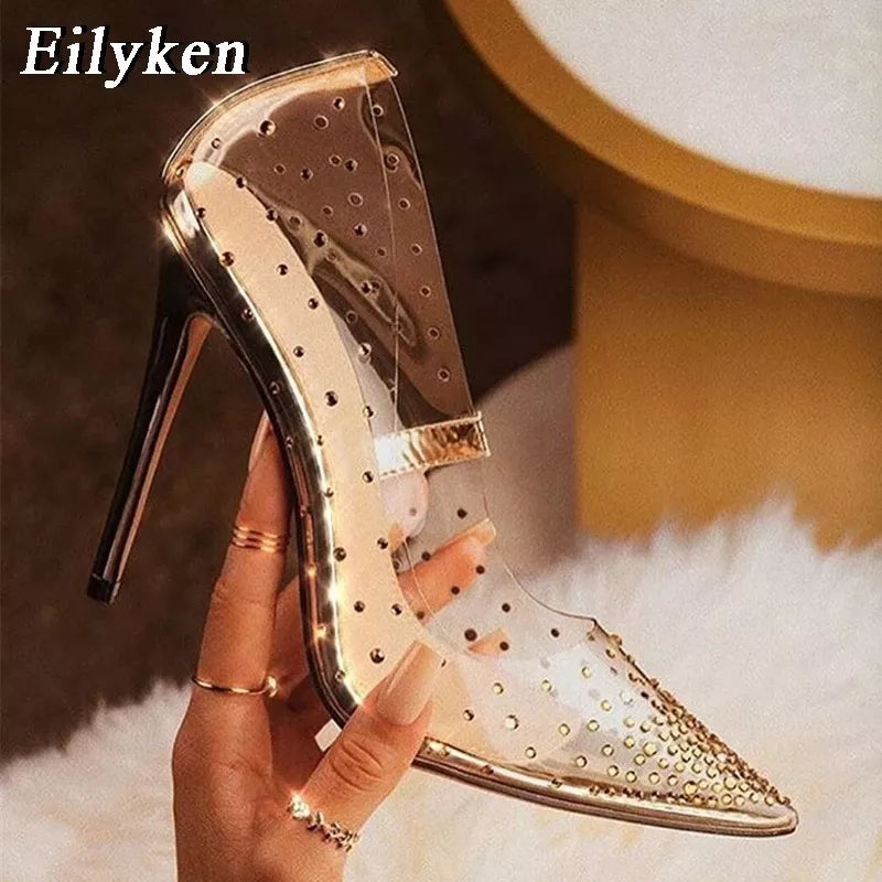 Golden rhinestone PVC transparent women pumps sexy pointed toe high heels party wedding shoes – Pollyanna Events