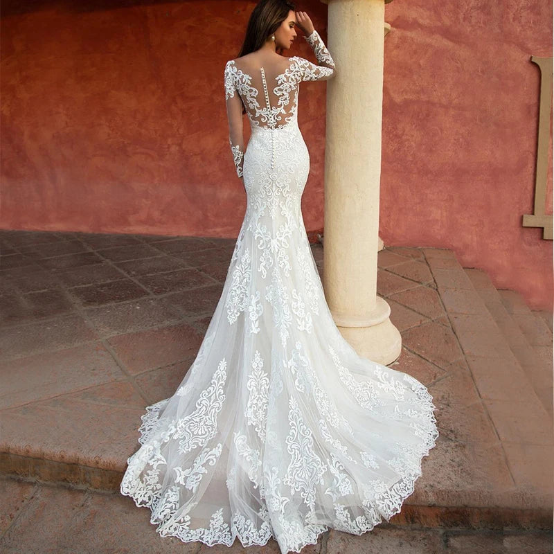 Mermaid  Wedding Dresses For Women Long Sleeve Bride Gowns Lace Vestidos De Noiva Button Sexy Simple de mariée customized