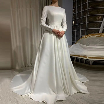 Customized White Long Sleeves Wedding Dresses 2025 Satin Woman Elegant Muslim Bridal Gowns Vestidos De Novia Gelinlik