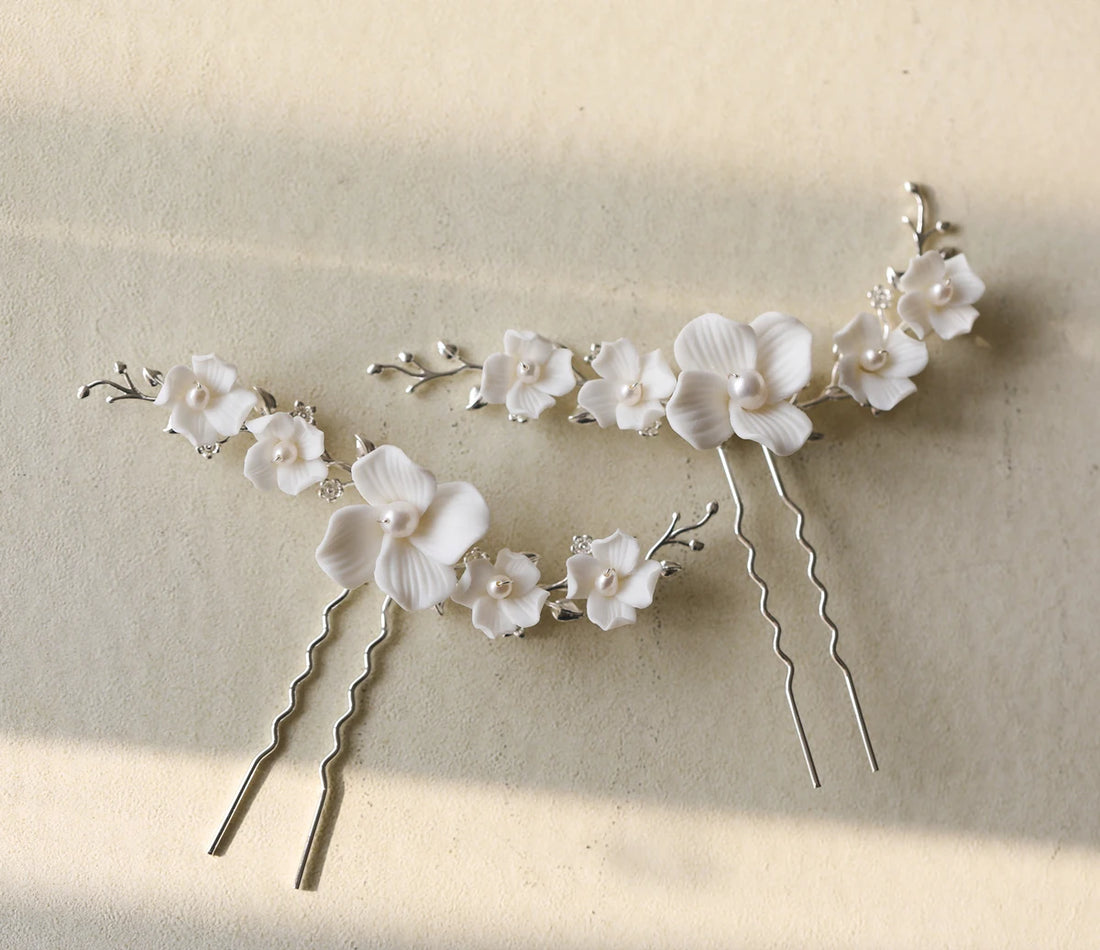 Bridal Jewelry Porcelain White Flower Hair Clips Pins Pearl Head Pieces For Brides Bridesmaids Party Hairpin Wedding Accessories
