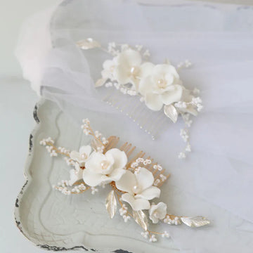 Porcelain Flower Leaf Hair Combs Clips Pearls Beaded Hairpins For Brides Women Headpieces Bridal Jewelry Wedding Accessories