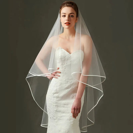 TOPQUEEN V97 طرحة زفاف طويلة حجاب الزفاف 2 طبقة الشريط حافة الحجاب للعروس 3 متر اكسسوارات الزفاف Veu de Noiva