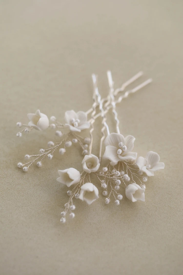 Bridal Jewelry Porcelain Flower Hairpins Silver Color Hair Pin Clip For Brides Bridesmaids Women Head Pieces Wedding Accessories