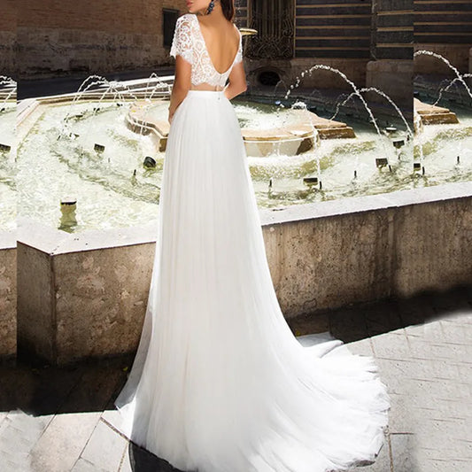 Кохана дві шматки весільні сукні пляжі з шифонним мереживом вершини короткі рукави довжина підлоги весільні сукні A-лінійки беззахисного поїзда