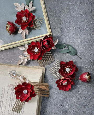 Bridal Jewelry Red Flower Hair Combs Pins Clips Crystal Rhinestones Hairpins Head pieces Brides Headdress Wedding Accessories