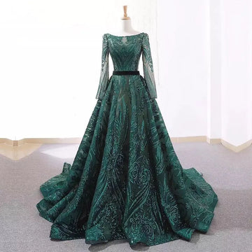 customized Dubai A-Line Green Evening Dress Muslim Women Vintage Long Sleeves Robe De Soiree Sequins Sparkle Prom Party Gowns