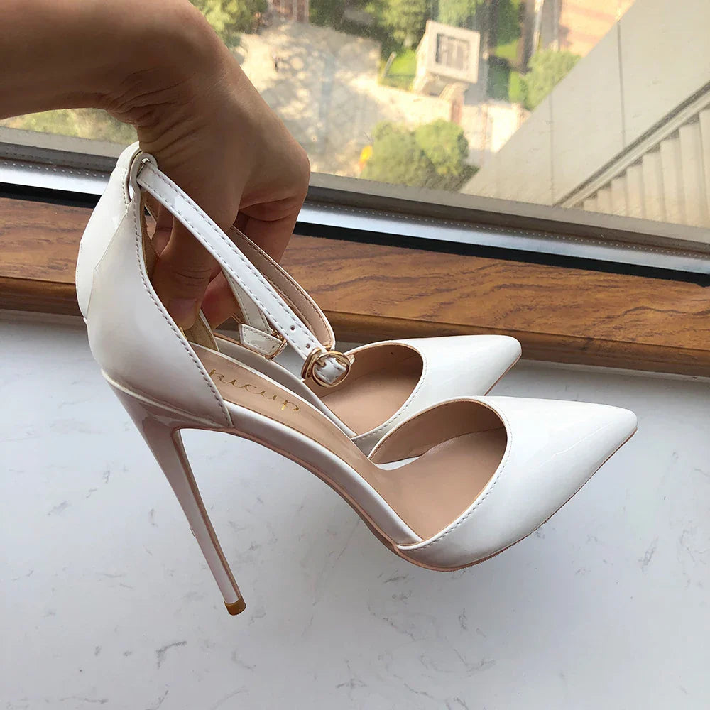 White patent women ankle strap pointy toe high heel elegant D'orsay stiletto pumps color customizable – Pollyanna Events
