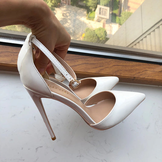 Tikicup White Patent Women enkelriem pointy teen hoge hak schoenen comfortabel elegante d'Orsay stiletto pompen kleur aanpasbaar