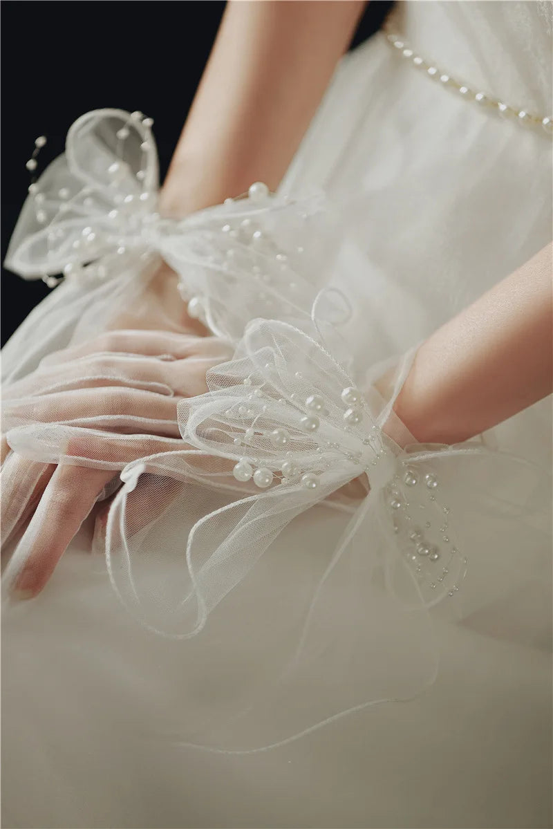 White Short Pearls Bridal Gloves Wristband Wedding Glove For Women Girl Party Evening Dress Jewelry Bride Accessories