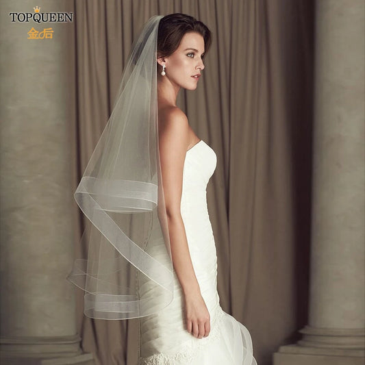 Veille de mariage Topqueen V69 Veille de deux niveaux à deux niveaux Veil de mariée minimaliste avec veils nuptiaux à fard à joues avec voile de robe à peigne