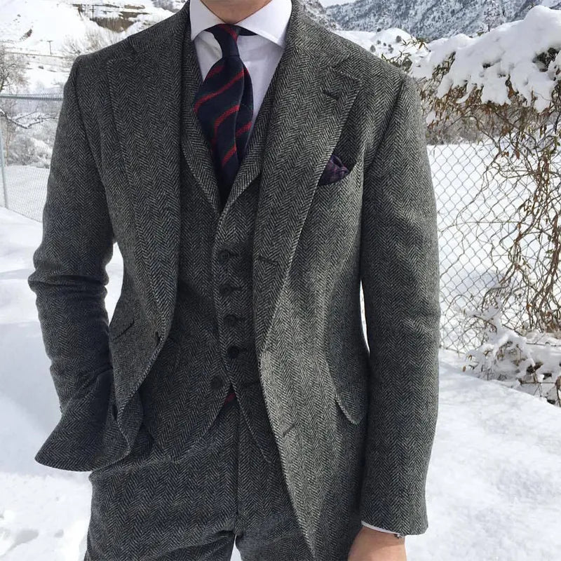 Gray wool tweed herringbone 3 piece men wedding suit groom tuxedo jacket vest pants tie formal – Pollyanna Events