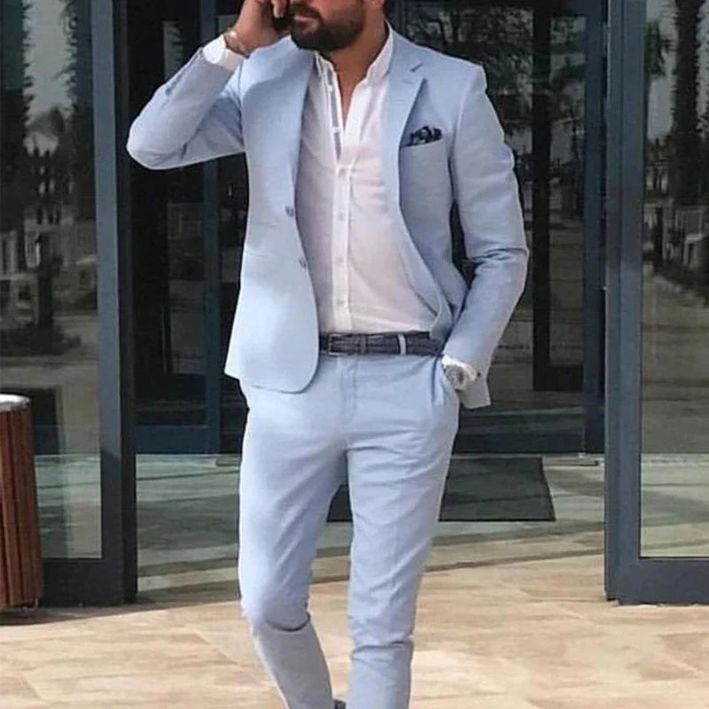 Sky Blue Linen Beach Men Suits Summer 2 Piece Slim Fit Groom Tuxedo for Wedding New Male Fashion Jacket with Pants