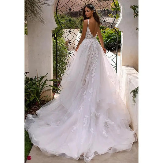 Довга весільна сукня Boho A-Line без спинки 3d квітів спагетті ремінці наречені сукні принцеси довжина підлоги весіль