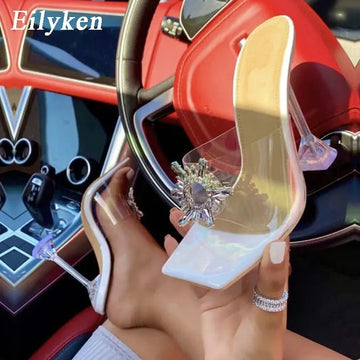 Eilyken PVC Transparent Crystal Sun Flowers Buckle Womens Slippers 2024 Summer Square Toe High Heels Sandals Ladies Shoes