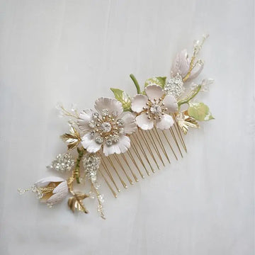 Bridal Hair Jewelry Flower Leaf Comb Fashion Zirconia Crystal Hairpins Gold Color Headpieces Headdress Women Wedding Accessories