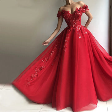 Customized Red Off The Shoulder Prom Dresses Women Formal Party Night Vestidos A-Line Appliques Sequins Tulle Evening Gowns