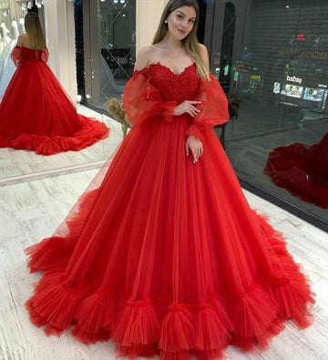 customized Red Prom Dresses Long Vestidos Puffy Sleeve Tulle Backless Formal Evening Party Gowns Beauty Pageant Dresses платье