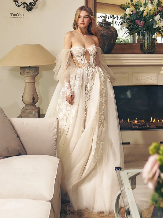 Елегантні весільні сукні A-Line для жінок кохана знімні пухирі рукава мереживо Апплікації