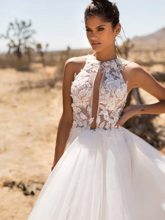 Шикарна шийка Весільна сукня Сторона розкола тюлю A-Line з короткою спідницею V-назад Vestidos de Novia Beach Elegant Robe Couss