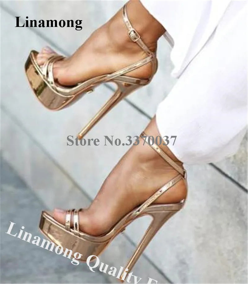 Linamong Elegant Open Toe High Platform Stiletto Heel Sandalen Goud Zilveren Zwarte Banden kruisen High Heel Sandalen Formele jurk hak