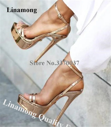 Linamong Elegant Open Toe High Platform Stiletto Heel Sandals Gold Silver Black Straps Cross High Heel Sandals Formal Dress Heel