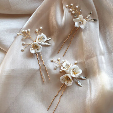 Wedding Accessories Rhinestones Crystal Head Pieces Porcelain Flower Hair Pins Clips Hairpins Brides Headdress Bridal Jewelry