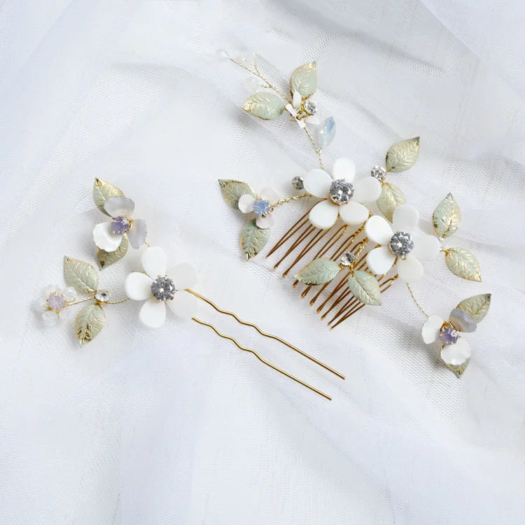 Opal Crystal Hairpins Flower Leaf Headpieces Headdress Brides Women Hair Combs Pins Clips Wedding Jewelry Bridal Accessories