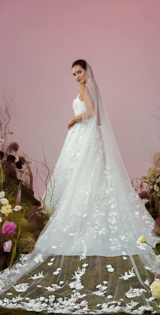 Vestido nupcial de bolinho de pastrol para mulheres 3D FLOR SPAGHETTI Trem de costas Trem vestido de casamento