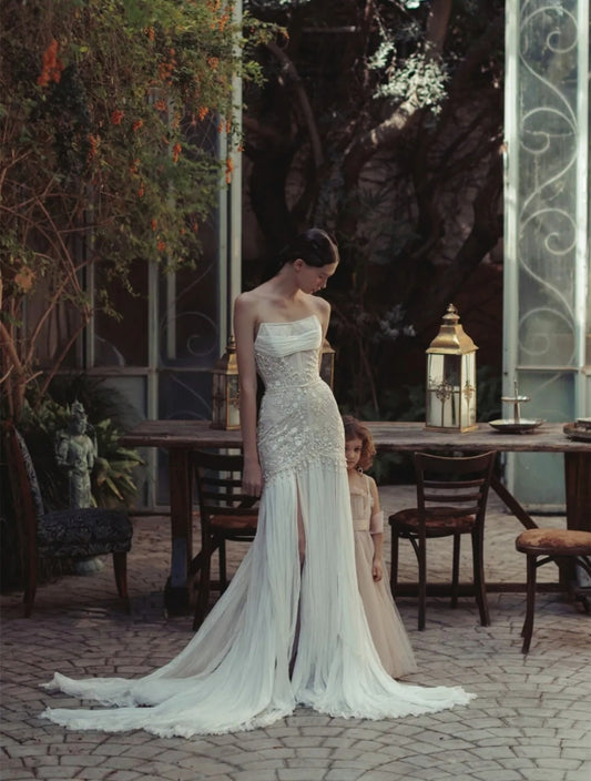 Вишукана русалка весільна сукня без рукавів високої бічної щілини SLIT PLAT