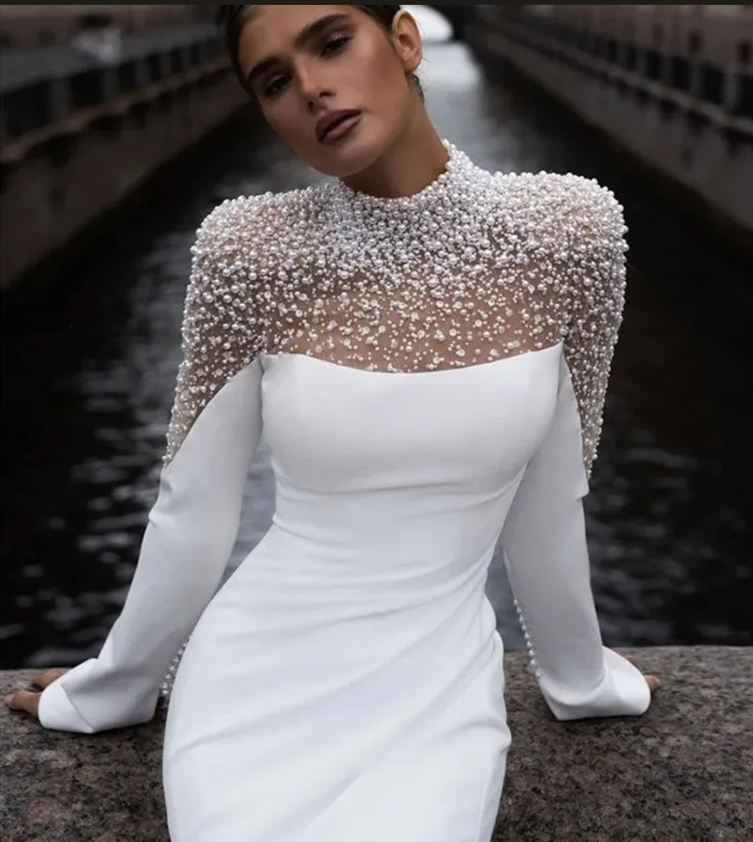 Luxurious Wedding Dress Soft Satin With Beading Pearls Mermaid Ball Gown High-Neck Full Sleeve Bride Dress Button Vestido De Nov
