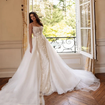 Customized Romantic Beading Spaghetti Straps Mermaid Wedding Dress Detachable Train Applique Lace Bridal Gown Vestidos de novia