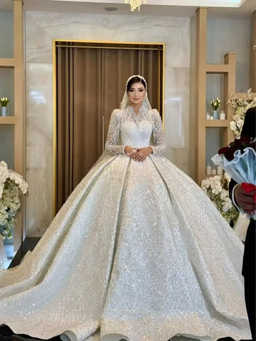 Customized Luxury Pearls Wedding Dresses Beading Sequins Bridal Ball Gowns Long Sleeves Princess Bride Dress Vestidos De Novia