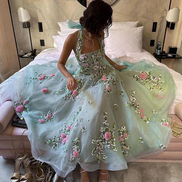 Sage Green Flowers Evening Dresses for Woman Wedding Party Aqua A-line Halter Formal Dress