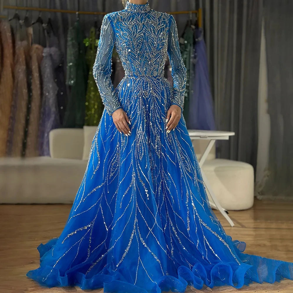 Dubai Evening Dress Muslim Blue High Neck Long Sleeves Beaded Appliques Party Gowns For Special Occasion