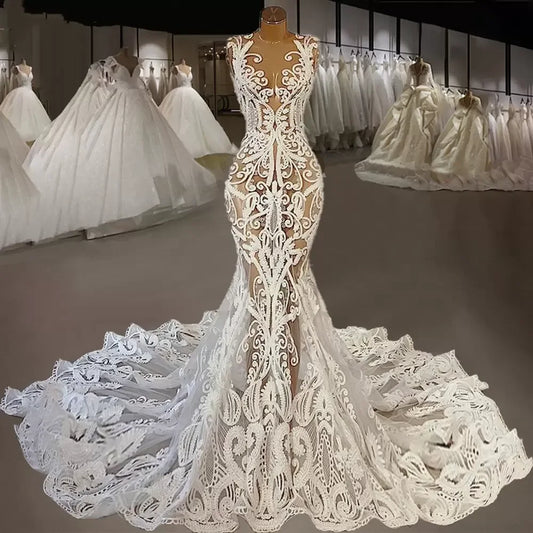 2024 Сексуальні весільні сукні з русалкою Мереживо Аплікація Ілюзія без рукавів.