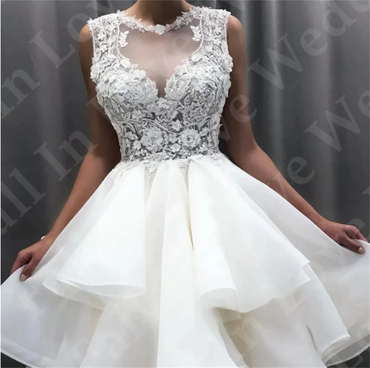 Novo adorável mini vestidos de noiva curto 2024 Sheer O-pescoço renda 3D Flor Flor mangas A-line Wedding Party Dress Vester Vestre Robe