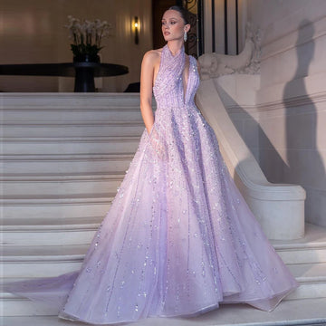 Luxury Dubai Beaded Halter Lilac Evening Dresses for Women Wedding Party 2024 Elegant Long Arabic Formal Gowns SS329