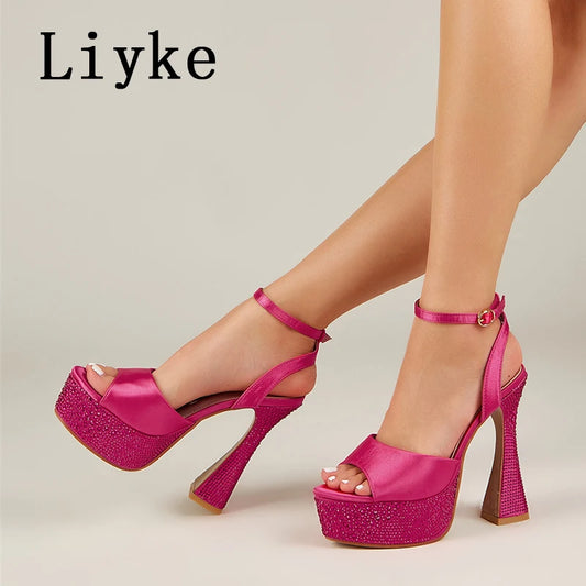 Liyke Golden Silver Crystal Rhinestones Platform Sandals For Women Sexy High Heels Summer Fashion Peep Toe Party Dress Shoes
