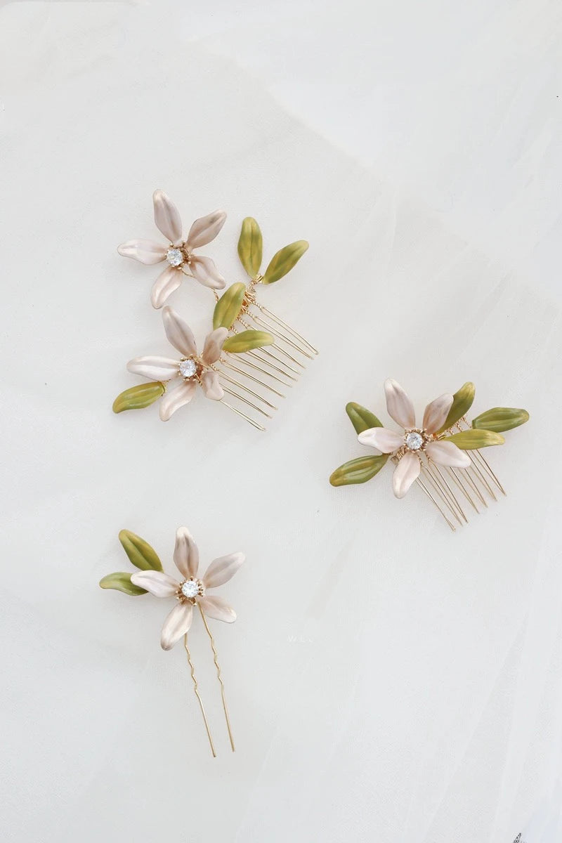 Bridal Jewelry Flower Hair Comb Pin Clip Gold Color Hairpin For Brides Leaf Crystal Rhinestones Head Pieces Wedding Accessories