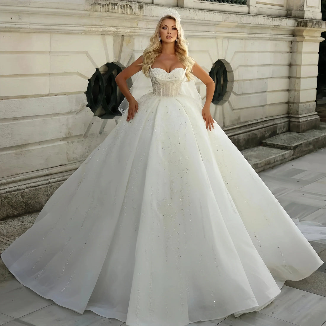 Sparkly sequins pearls sweetheart beads puffy bridal gown Arabic Dubai wedding dress 2026 – Pollyanna Events